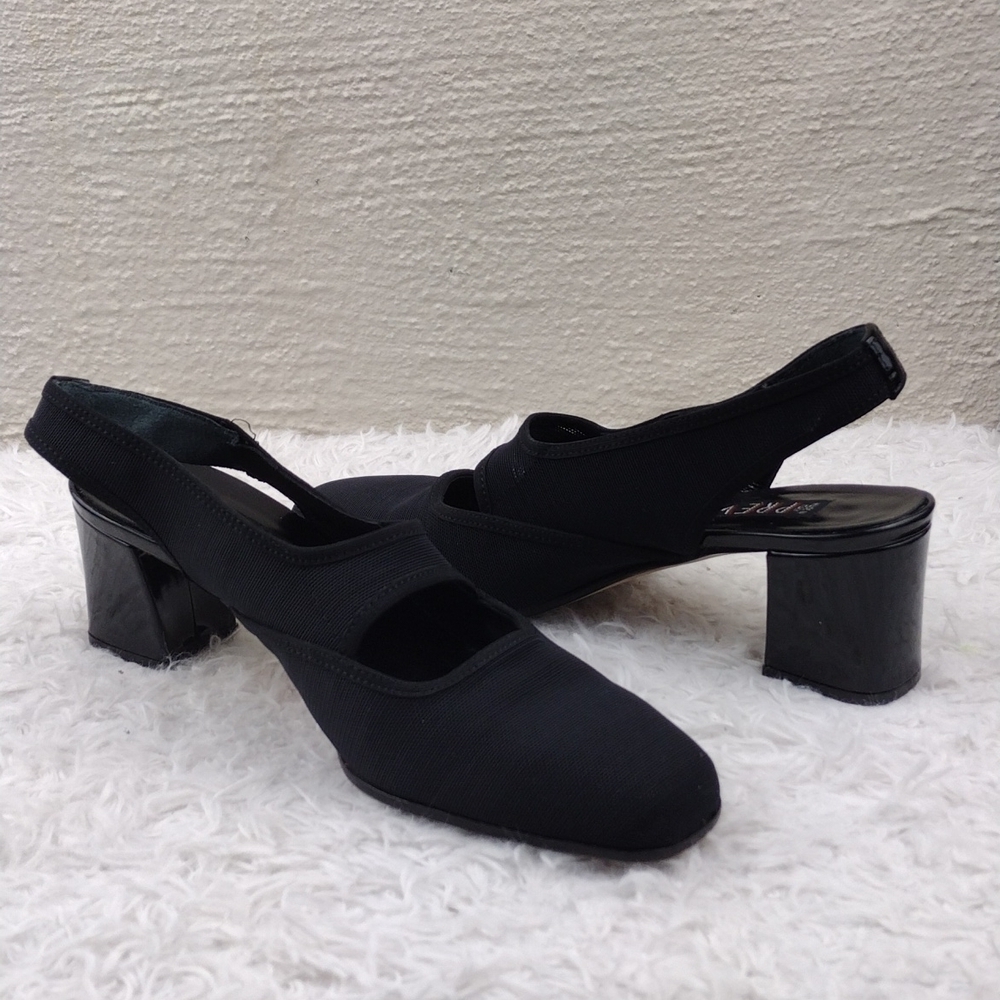 PREVATA Black Cut Out Fabric Upper Square Toe  Patent Block Heel Slingback Shoes